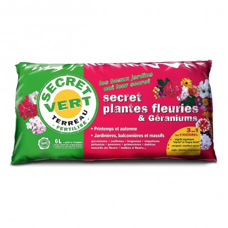 Terreau Plantes Fleuries & Géraniums, utilisable en agriculture biologique, 6 litres, Secret Vert.