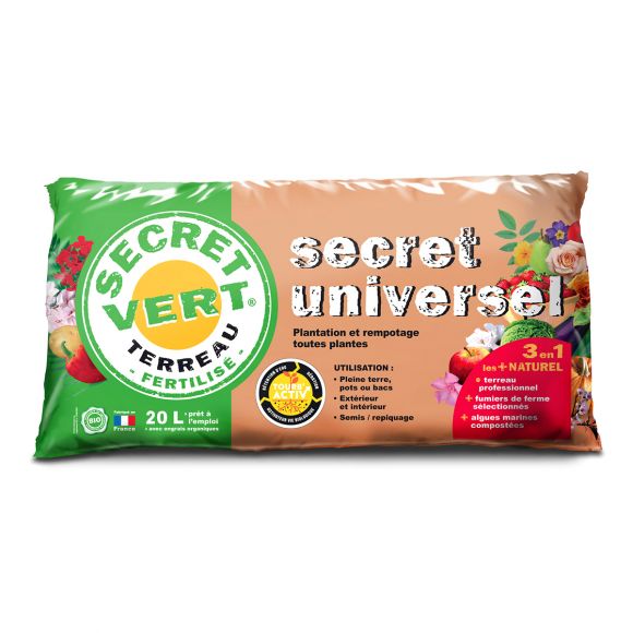 Terreau Universel, utilisable en agriculture biologique, 20 litres, Secret Vert.