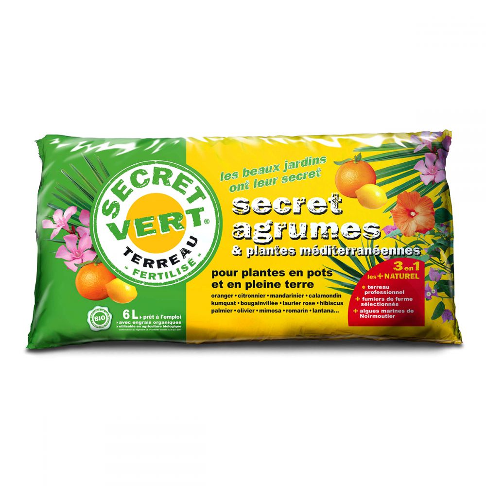 Terreau Agrumes  & Plantes Méditerranéennes, utilisable en agriculture biologique, 6 litres, Secret Vert.