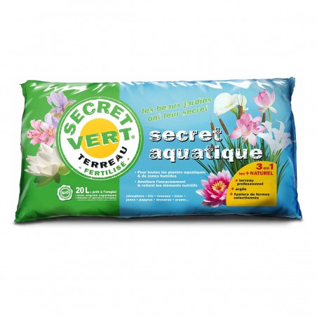 Terreau Aquatique, utilisable en agriculture biologique, 20 litres, Secret Vert.