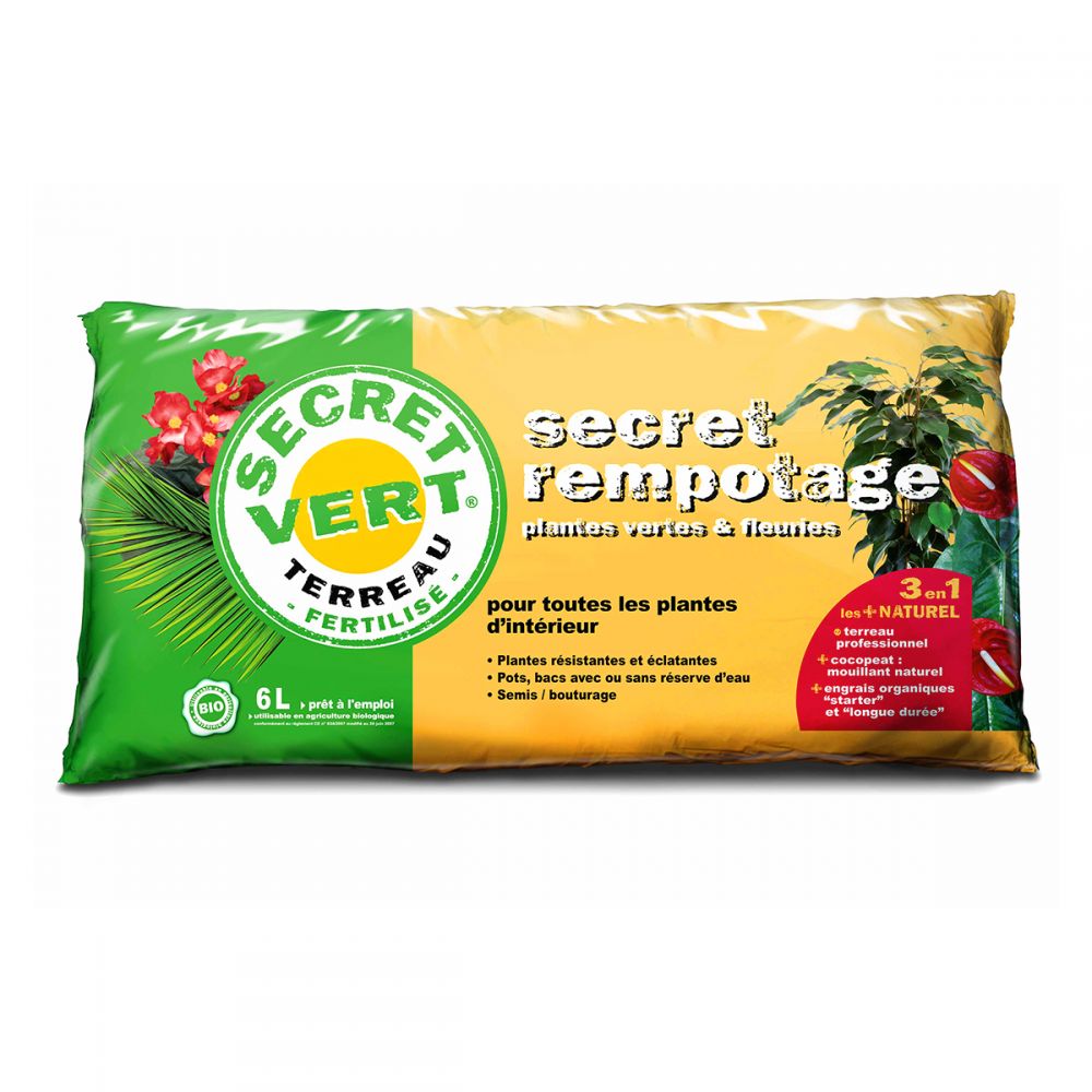 Terreau Rempotage, utilisable en agriculture biologique, 6 litres, Secret Vert.