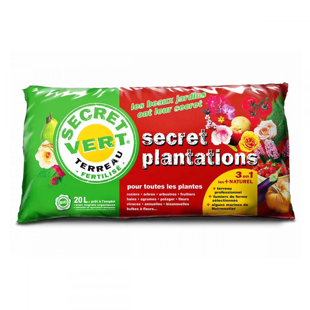 Terreau Plantation, utilisable en agriculture biologique, 20 litres, Secret Vert.