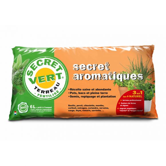 Terreau aromatiques, utilisable en agriculture biologique, 6 litres, Secret Vert.