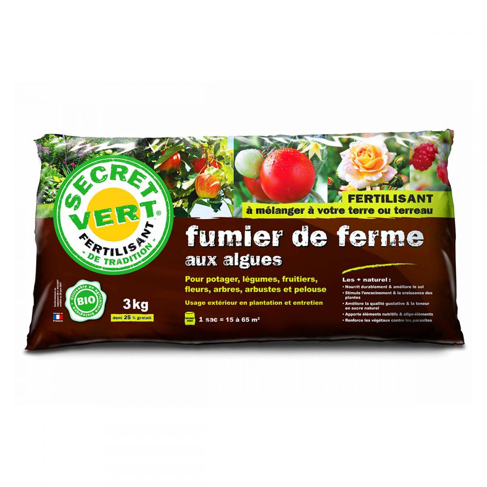 Fumier De Ferme Aux Algues, utilisable en agriculture biologique, 3 kg, Secret Vert.