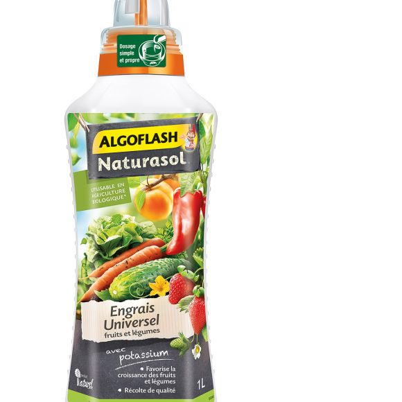 Engrais Liquide Universel Fruits et Légumes, flacon 1 litre, Algoflash Naturasol.