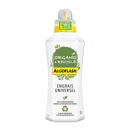 Engrais liquide 100% végétal et 100 % végan Universel Organic et Recyclé, flacon 1 litre Algoflash.
