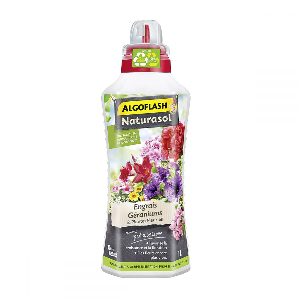 Engrais Liquide  Géraniums et Plantes Fleuries, flacon 1 litre, Algoflash Naturasol.