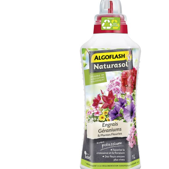 Engrais Liquide Géraniums et Plantes Fleuries Algoflash Naturasol.