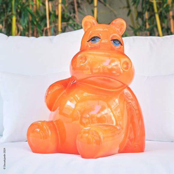 Hippopotame orange, statue animale en résine et vernis carrosserie.