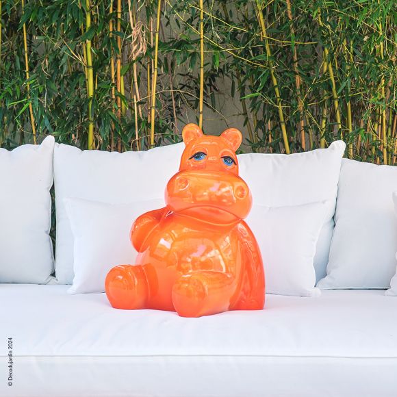Hippopotame orange, statue animale en résine et vernis carrosserie.